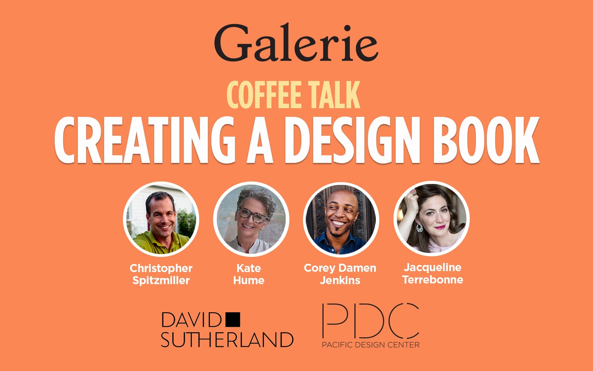Galerie Coffee Talk event poster featuring speakers Christopher Spitzmiller, Kate Hume, Corey Damen Jenkins, Jacqueline Terrebonne.
