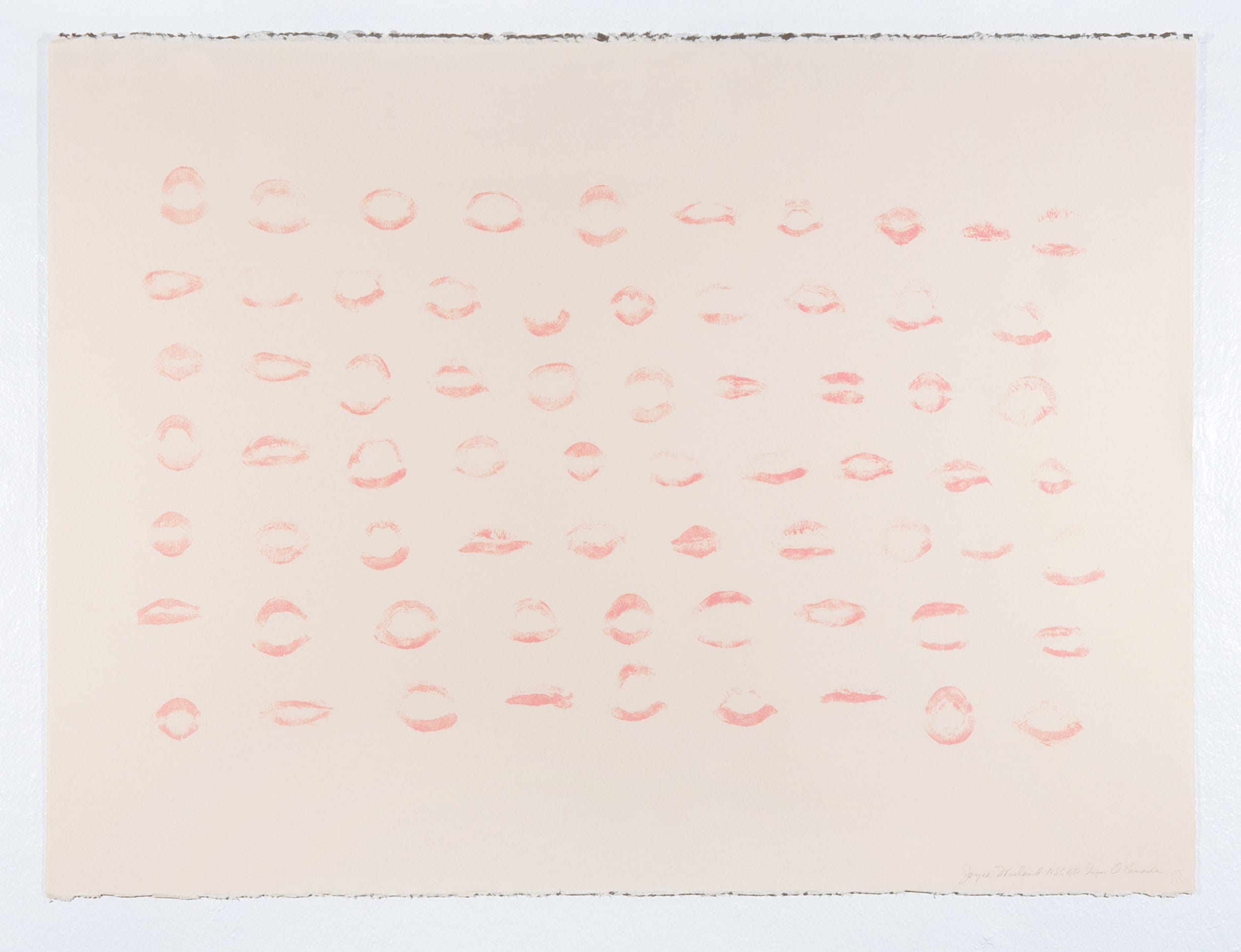 Art piece featuring multiple red lipstick imprints on light paper arranged in a grid pattern