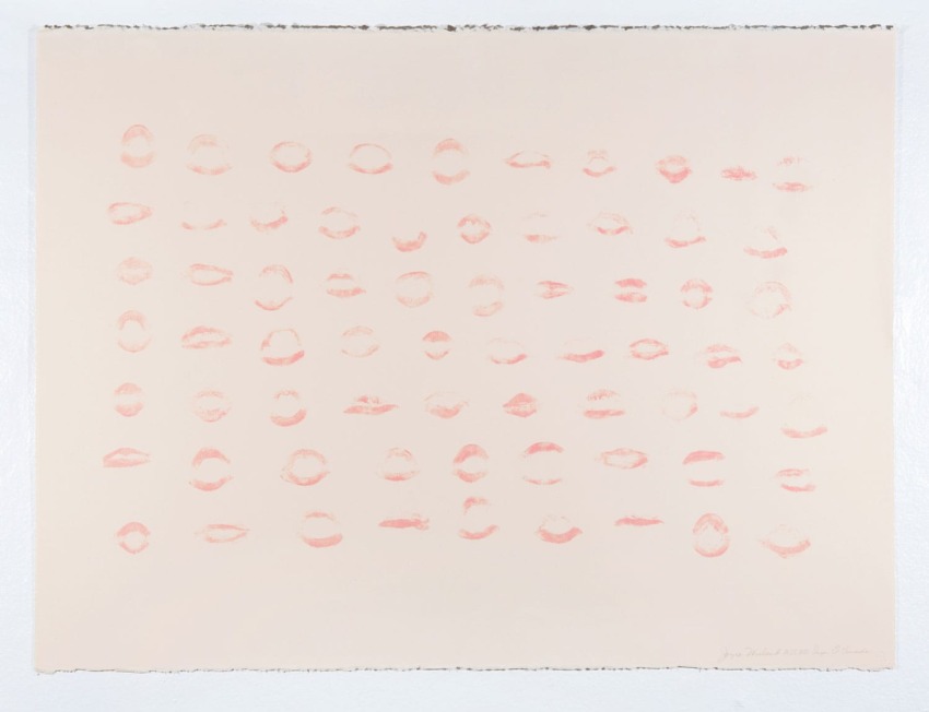 Artwork featuring rows of red lipstick marks on a light beige background.