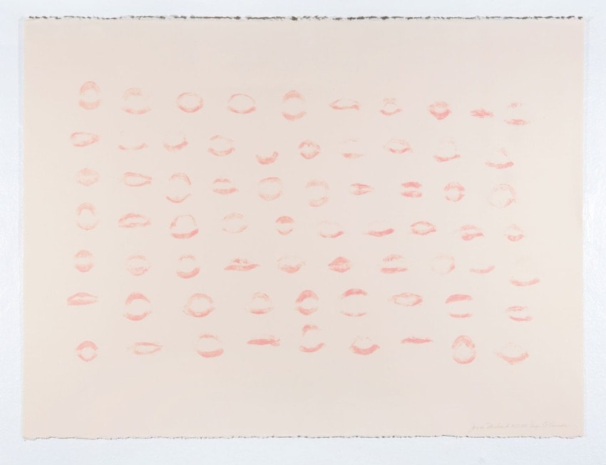 Artwork featuring rows of red lipstick marks on a light beige background.
