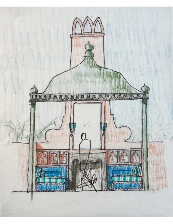 Sketch of an ornate gazebo with columns, detailed roof, and a central figure holding a torch amidst abstract background elements.