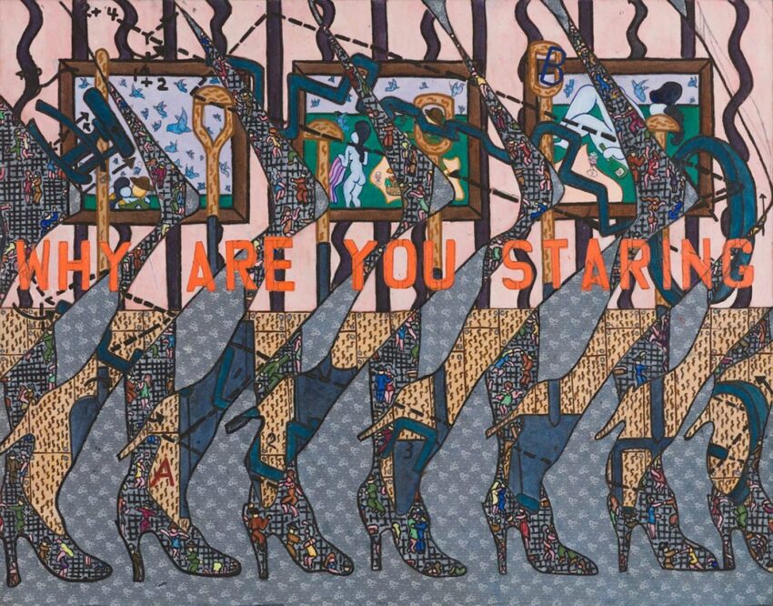 Colorful abstract artwork featuring high-heeled boots, framed paintings, and the bold text "WHY ARE YOU STARING."