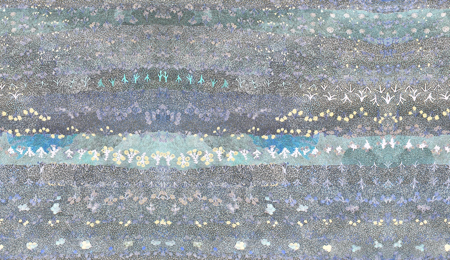 Abstract pattern with intricate floral designs in shades of blue, green, and gray, creating a textured and layered appearance.