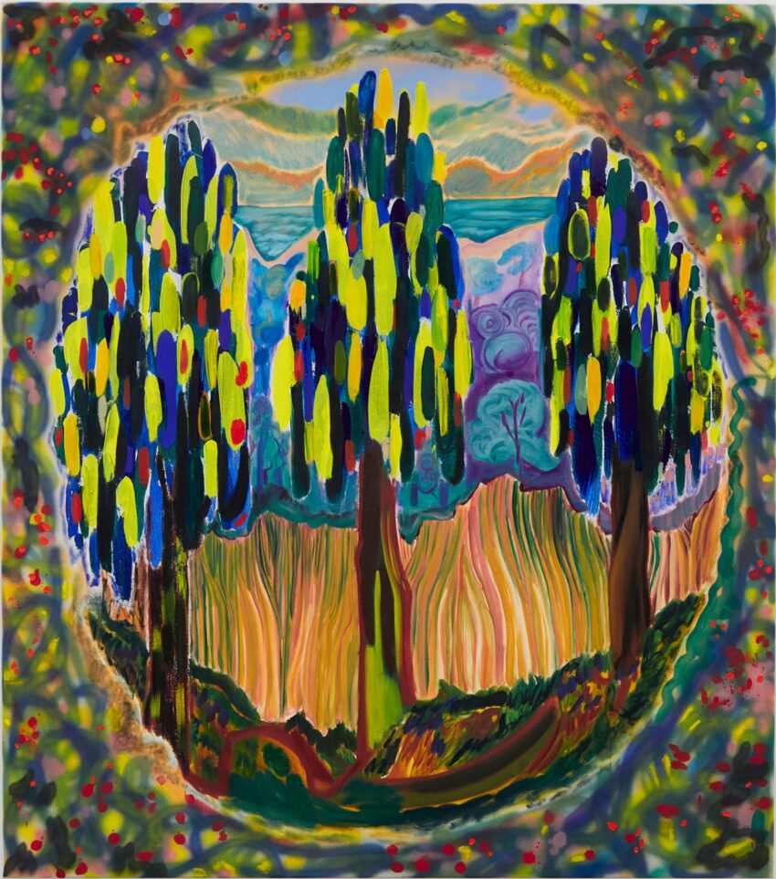 Colorful abstract painting of trees with vibrant leaves, surrounded by a border with red and green accents.