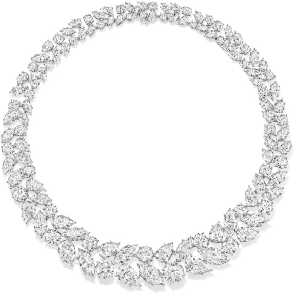 Elegant diamond necklace with intricate leaf pattern design, showcasing sparkling stones arranged in a circular shape.