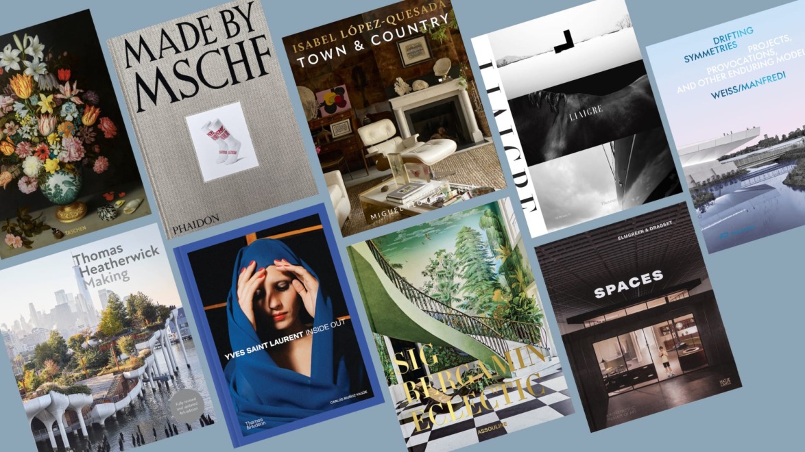 A composite of book covers including Weiss/Manfredi: Drifting Symmetries, Thomas Heatherwick: Making, Made by MSCHF, Yves Saint Laurent: Inside Out, and more