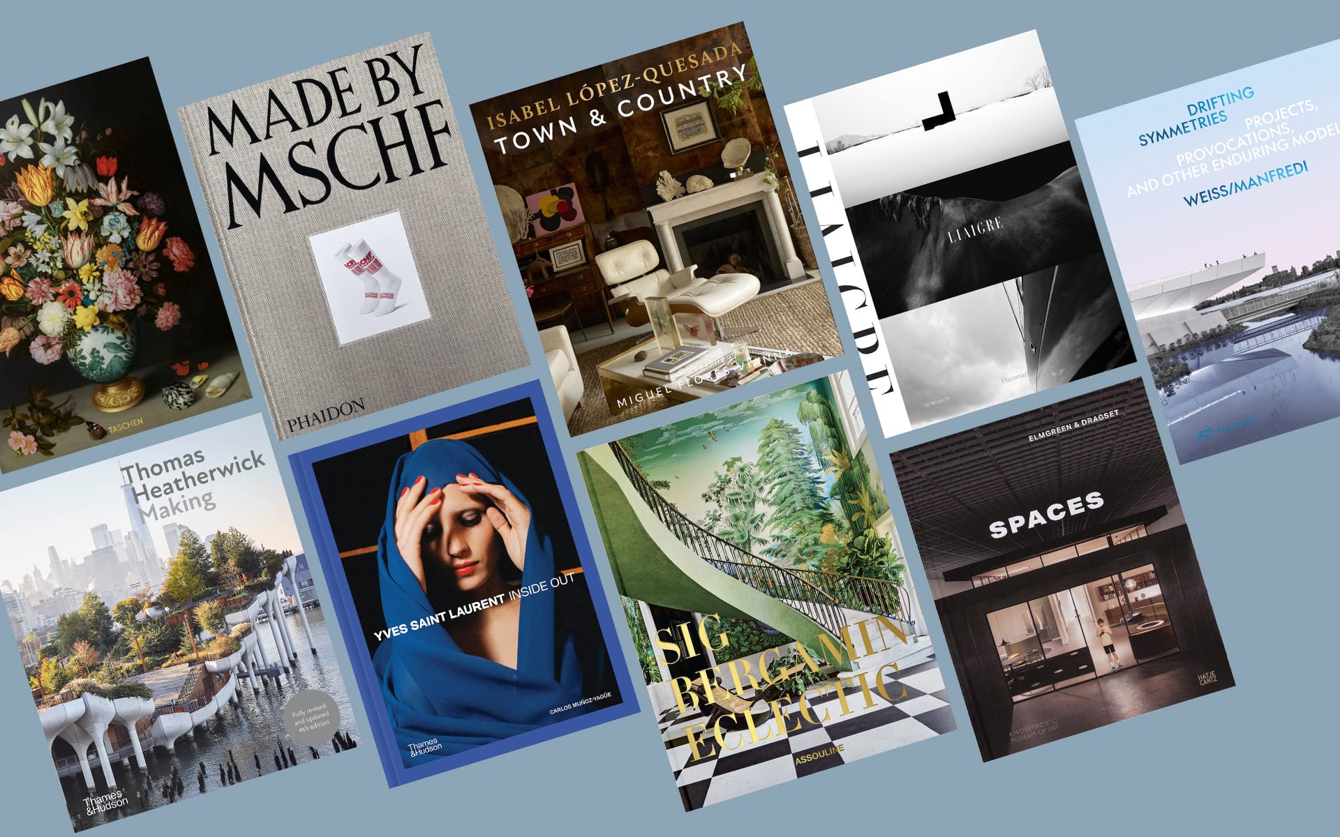 A composite of book covers including Weiss/Manfredi: Drifting Symmetries, Thomas Heatherwick: Making, Made by MSCHF, Yves Saint Laurent: Inside Out, and more