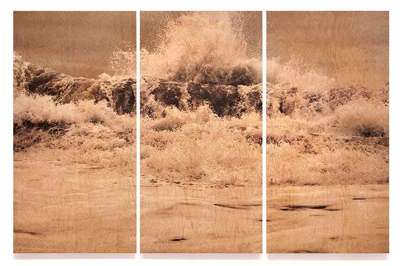 Triptych art piece depicting large ocean waves crashing, creating an intense and dramatic seascape in earthy brown tones.