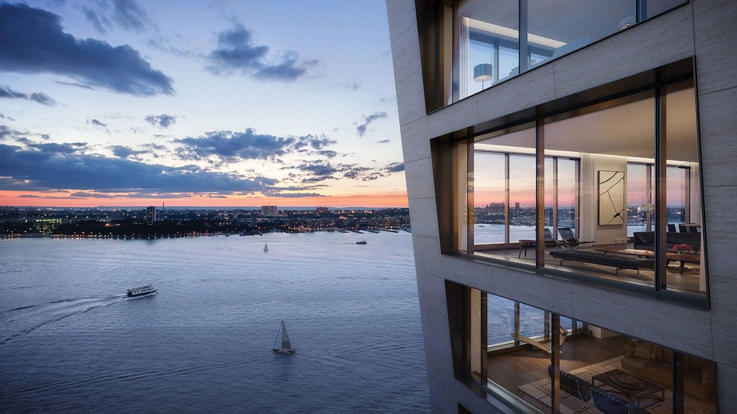 Modern apartment with glass windows overlooking a river at sunset, boats on water and city skyline in the background.