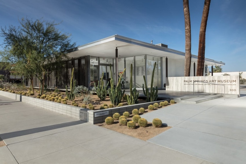 Exterior view of the Palm Springs Art Museum building with desert landscaping and clear blue sky.