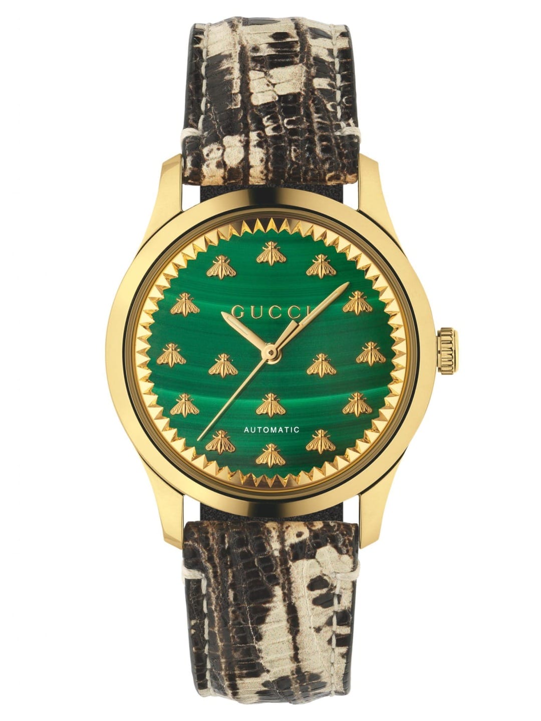 Gucci watch with green face, gold bee motifs, and snakeskin-patterned strap, gold bezel, automatic model.