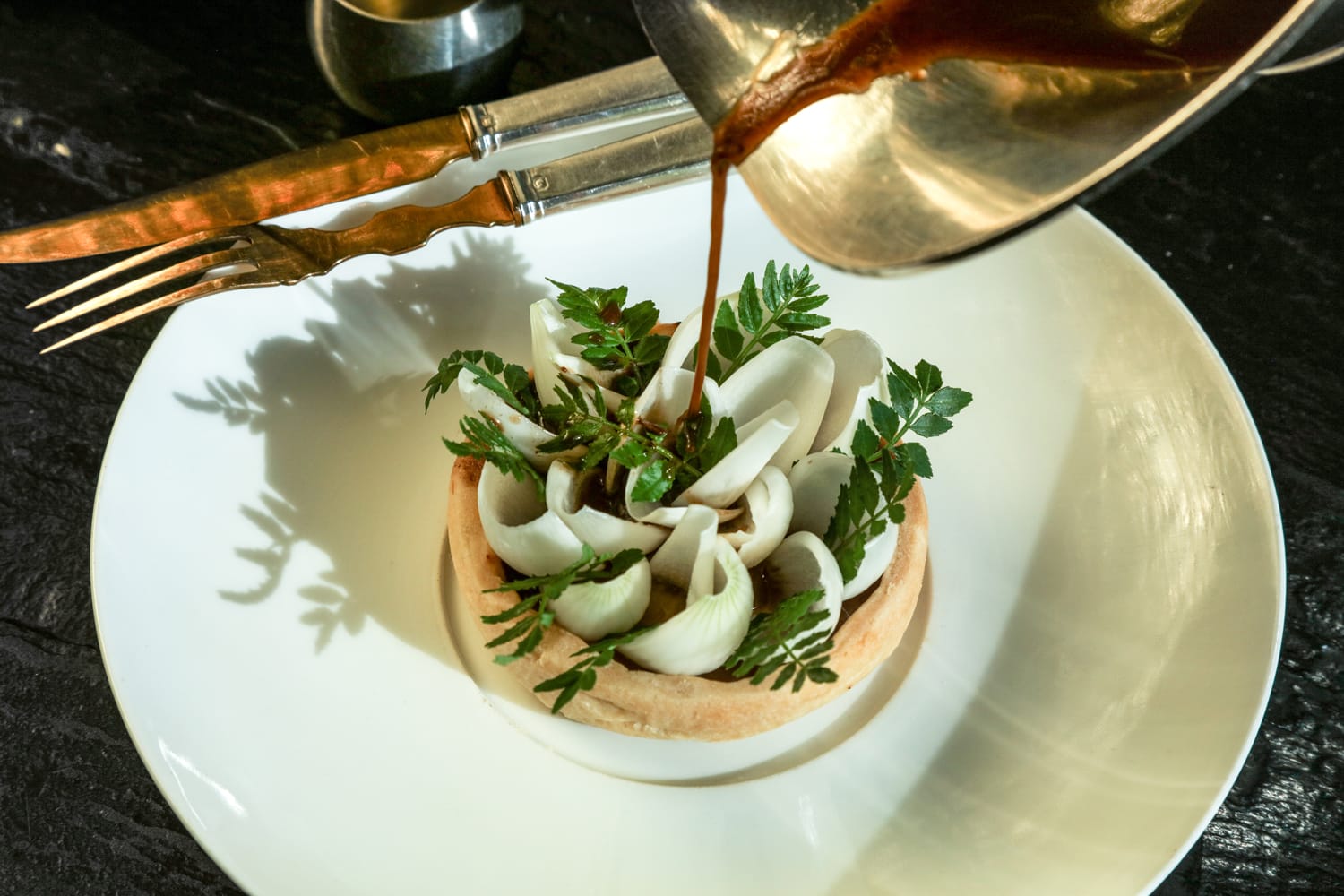 Gourmet dish with white vegetable petals and fresh herbs on a plate, served with sauce being poured from a jug.