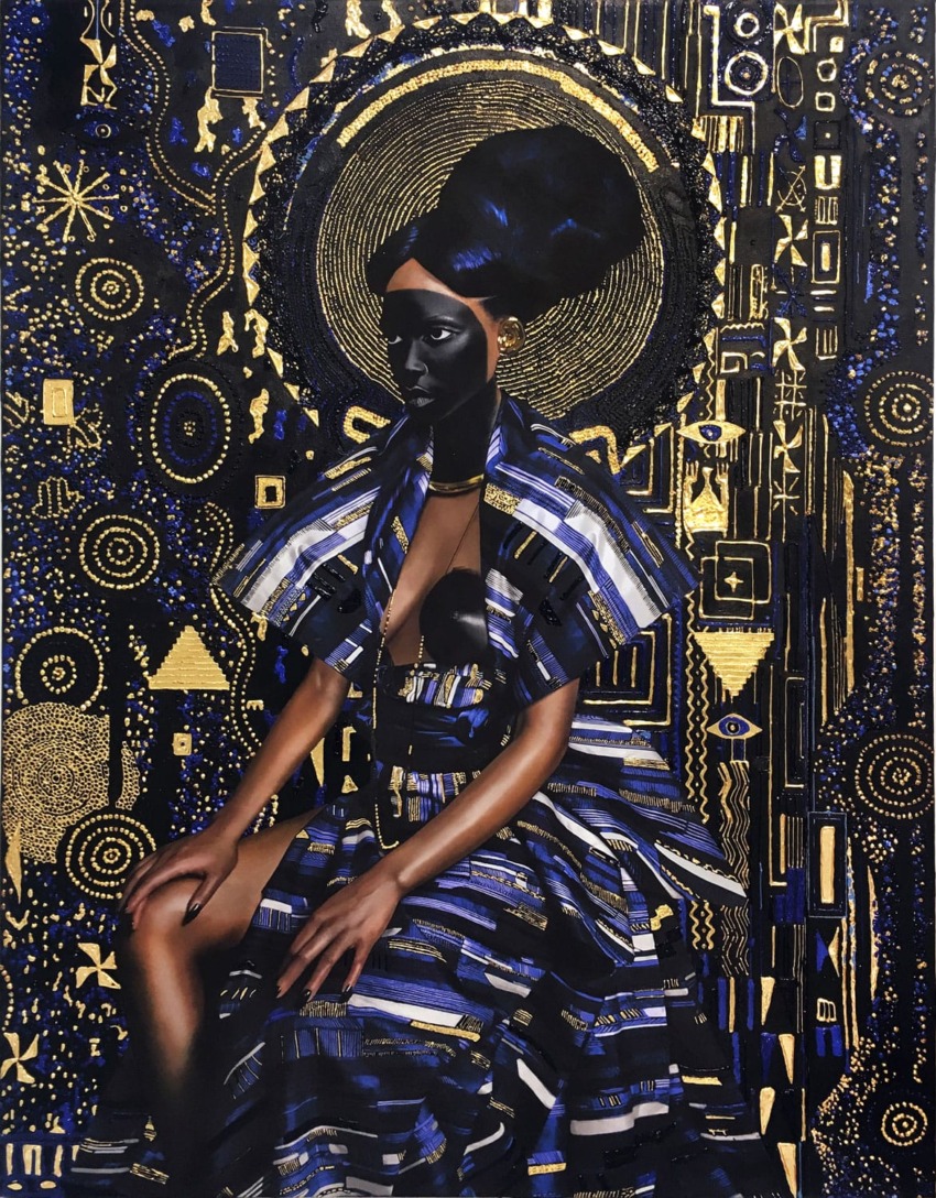 A woman in an elaborate blue and gold dress against an abstract celestial-themed background.