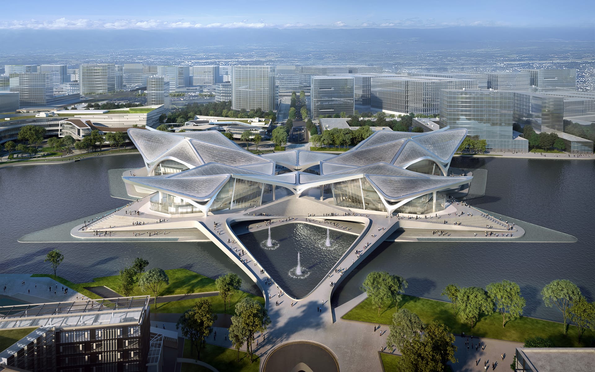 Futuristic architectural complex with unique wavy roofs surrounded by water and cityscape in the background.