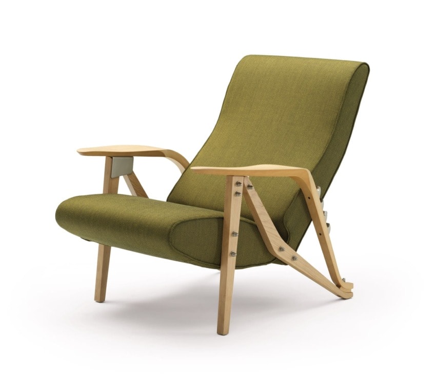Green cushioned armchair with wooden frame and modern design