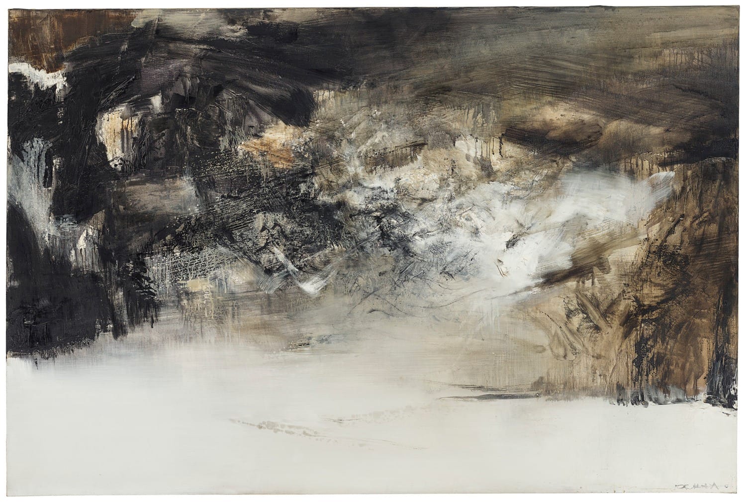 Abstract painting with bold, swirling strokes in dark browns and blacks, blending into lighter hues, creating a dynamic texture.