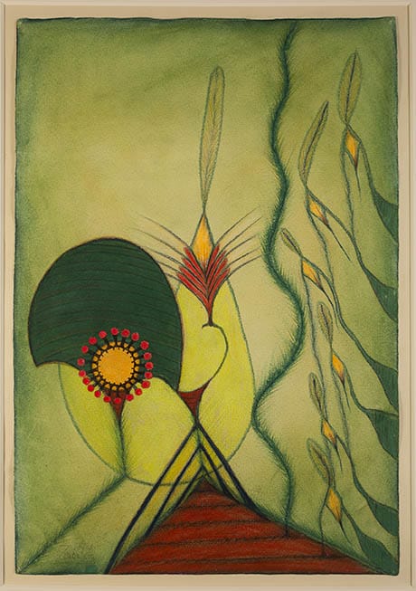Abstract painting with geometric shapes, green and yellow hues, featuring plant-like forms and a red-accented circle.
