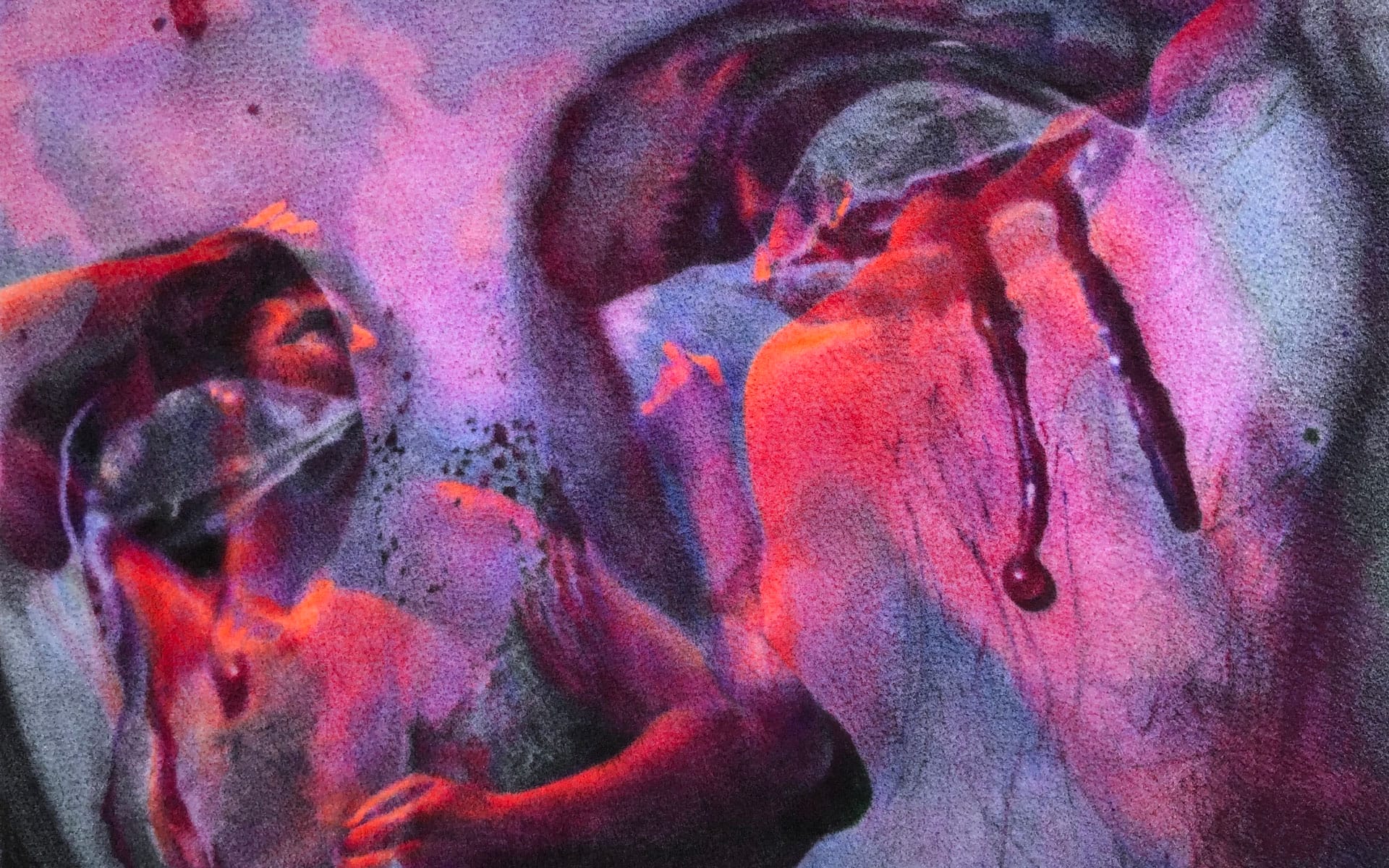 Abstract artwork with vibrant pink, purple, and red hues featuring distorted human figures and dynamic movement.