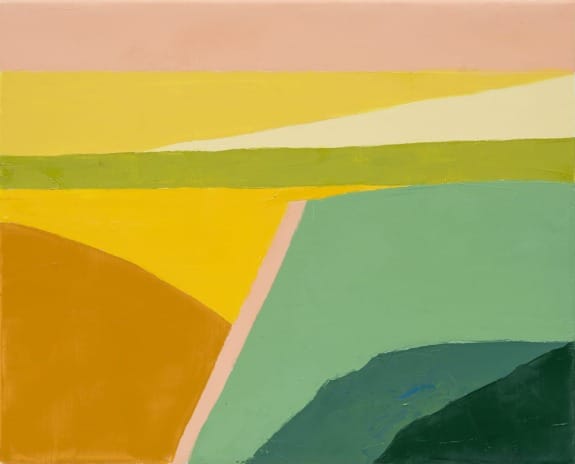 Abstract painting with blocks of earthy tones, including yellow, green, and pink, creating a landscape-like composition.