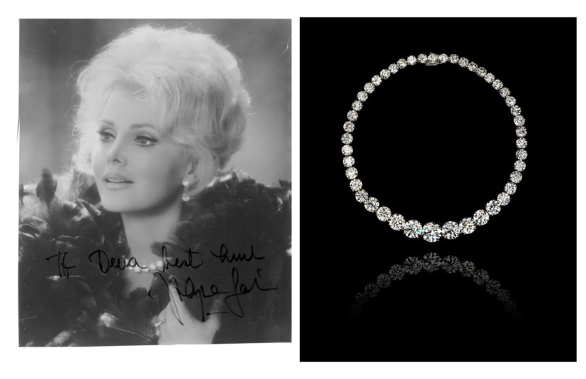 Vintage photo of a woman with autograph next to a diamond necklace on a black background.