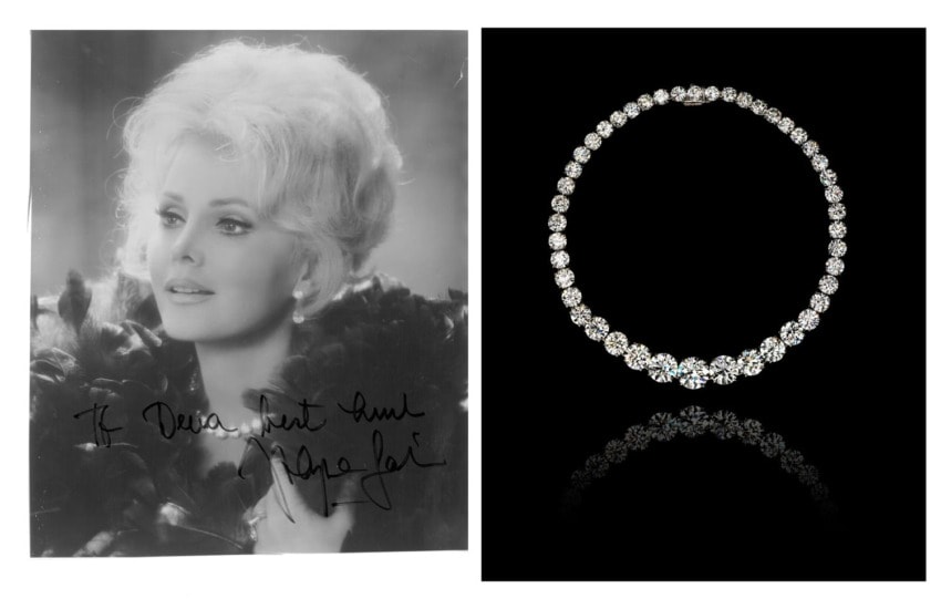 Vintage photo of a woman with autograph next to a diamond necklace on a black background.