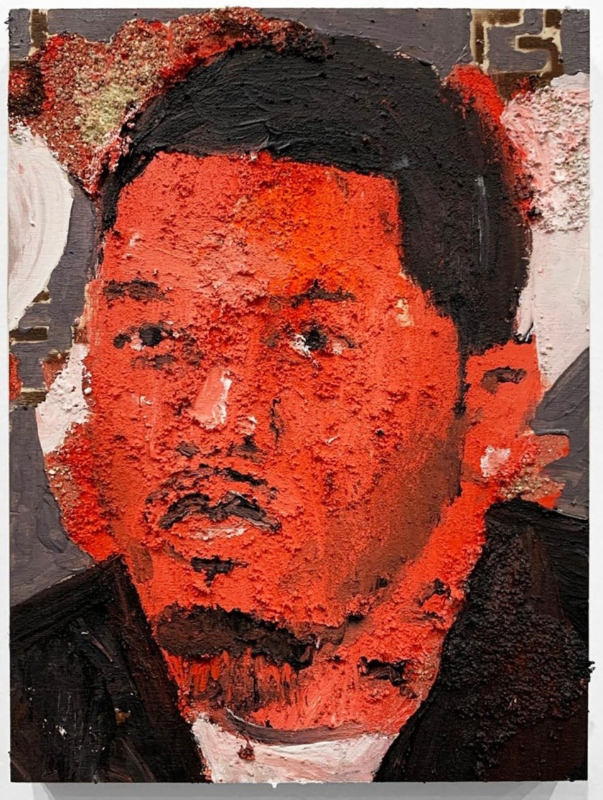 Abstract textured painting of a man's face, featuring bold red and black colors with a rough, layered surface.