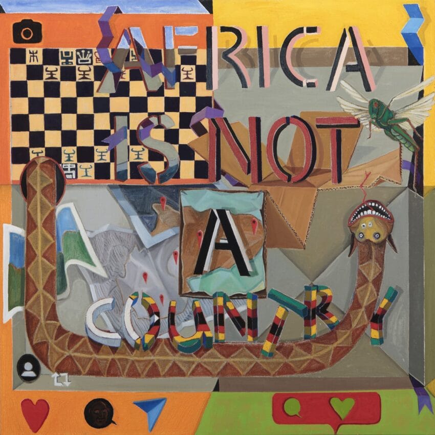 Colorful abstract painting with text "Africa Is Not A Country," featuring a snake, chessboard, maps, and symbols.