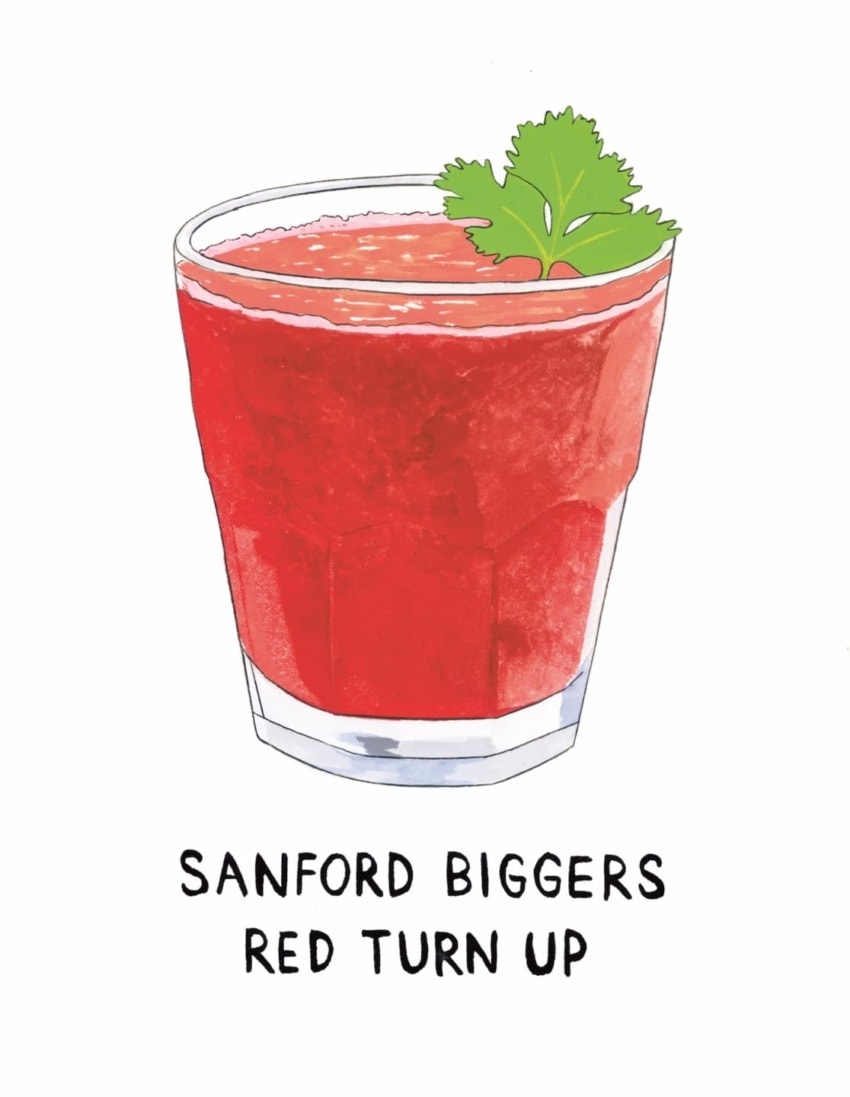 Illustration of a glass filled with red beverage, topped with a green leaf, text below reads "Sanford Biggers Red Turn Up"