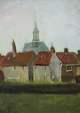 Painting of quaint village houses with red roofs and a distant church steeple under a cloudy sky.