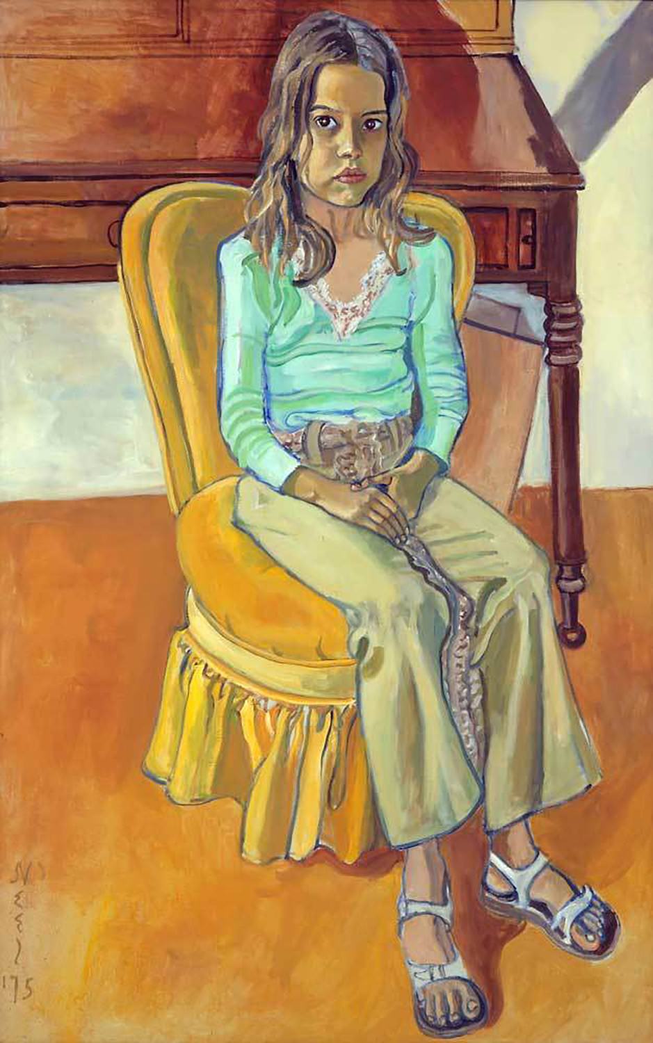 Young girl seated on a yellow chair, wearing a green top and beige pants, with a thoughtful expression in a painted portrait.