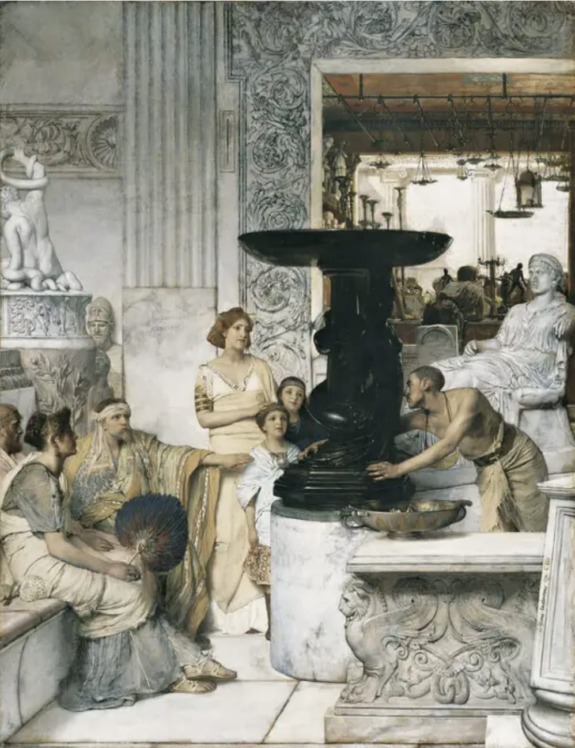 Ancient Greeks gathered around a large ornate vase in a classical setting with detailed architectural features.