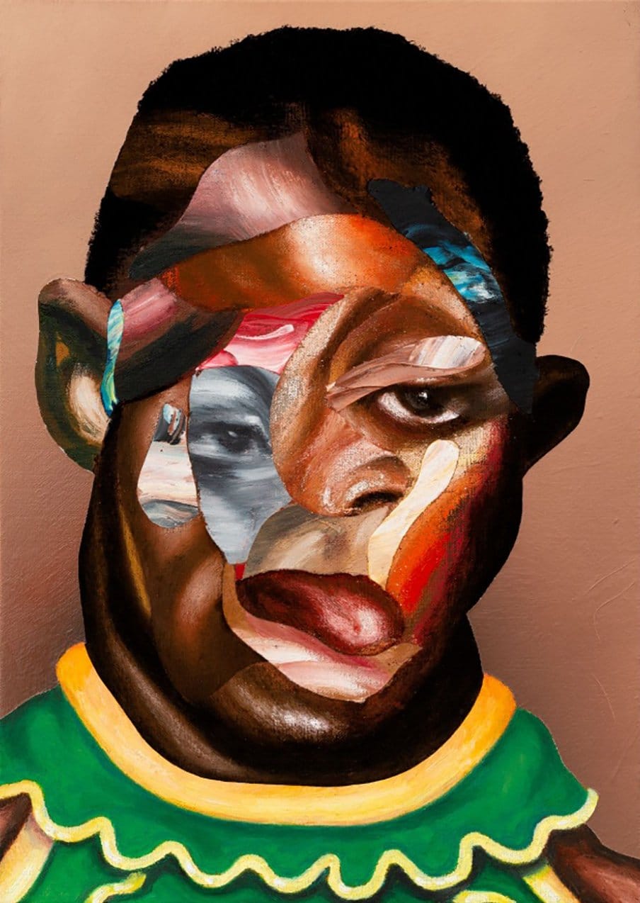 Abstract portrait of a person with a collage of colors and textures, wearing a green and yellow outfit.