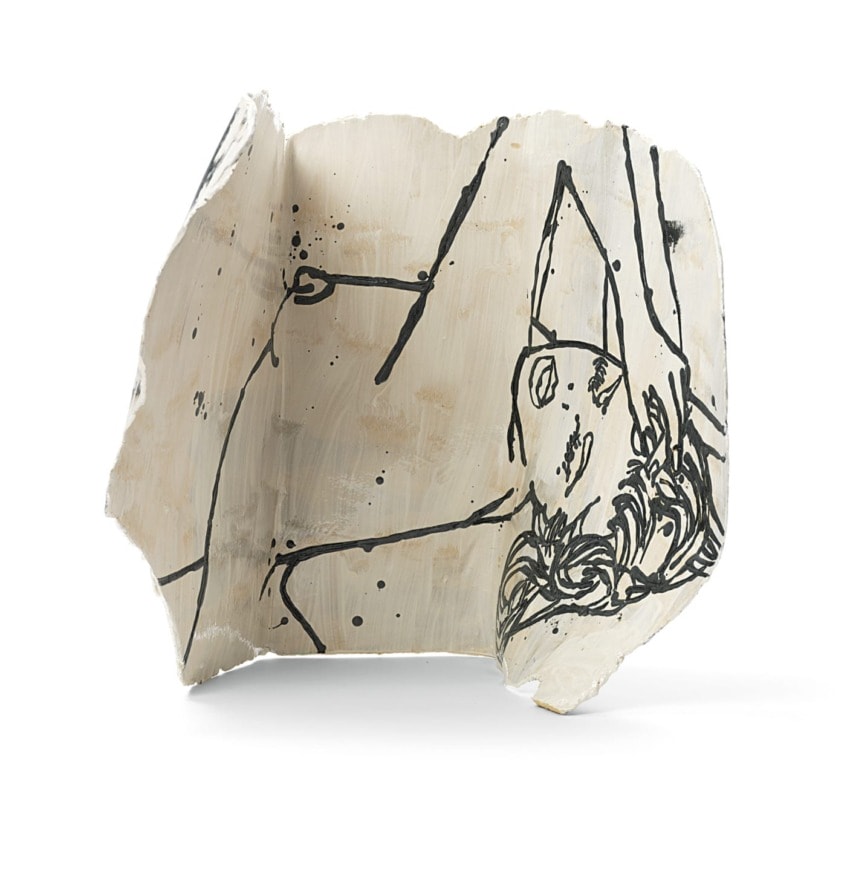 Abstract black line drawing on a textured, irregularly shaped white surface, depicting an artistic, minimalistic figure.