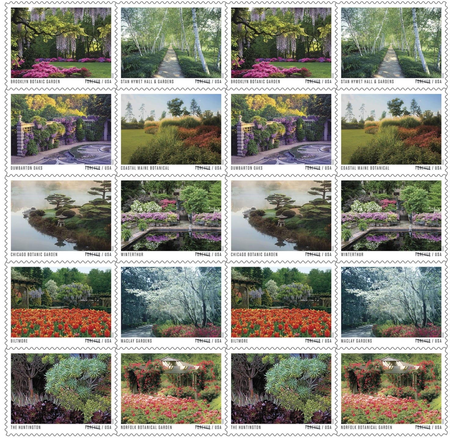Collection of colorful postage stamps featuring various botanical garden scenes with flowers, trees, and serene landscapes.