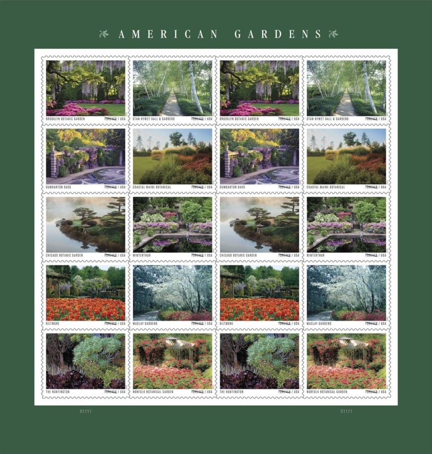 Sheet of American Gardens stamps featuring various garden landscapes and greenery on each stamp.