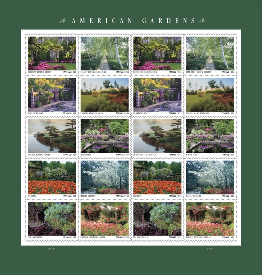 Sheet of American Gardens stamps featuring various garden landscapes and greenery on each stamp.