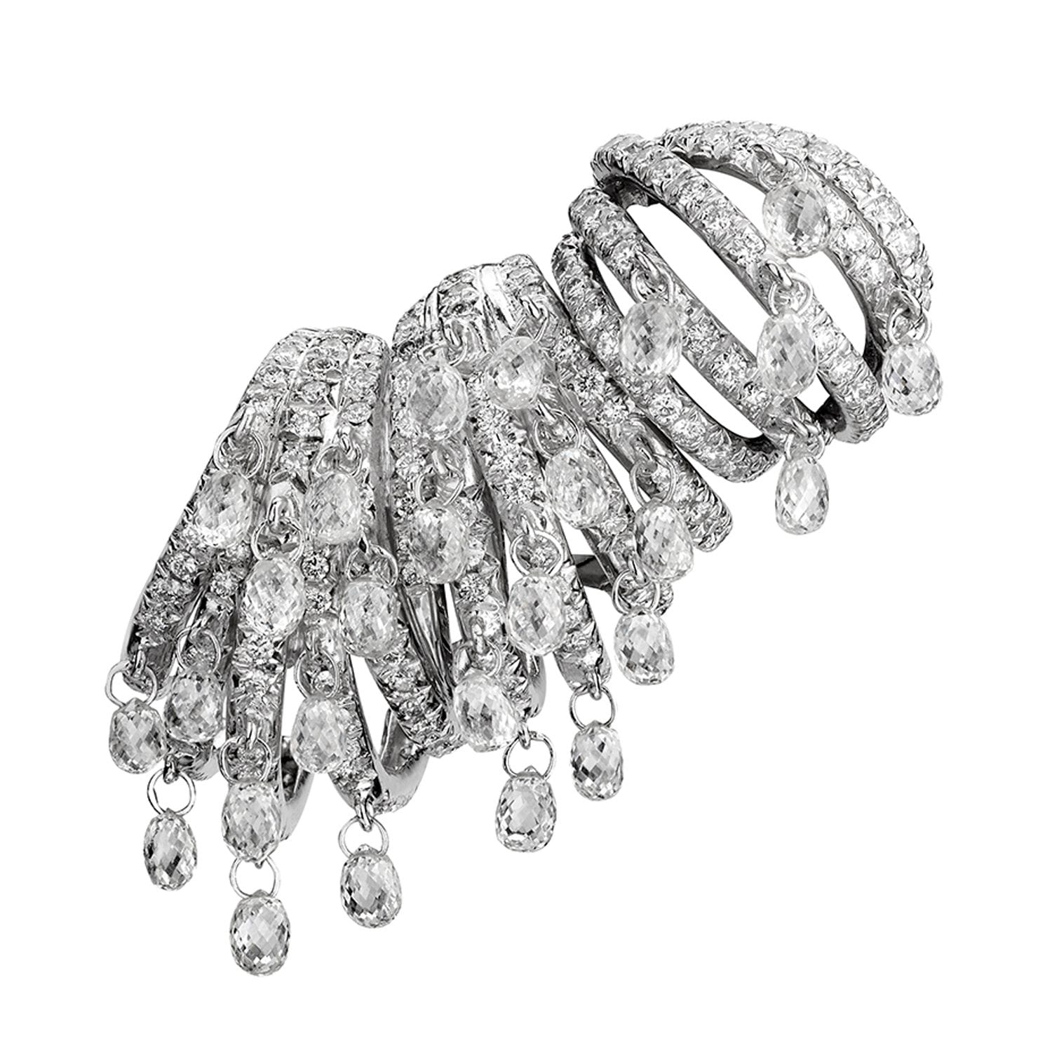 Intricate diamond-encrusted bracelet with cascading crystal drops and layered circular design.