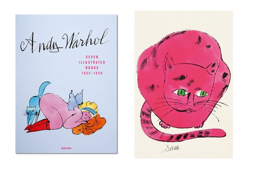Andy Warhol book cover with playful illustration of a pink cat and angel drawing.