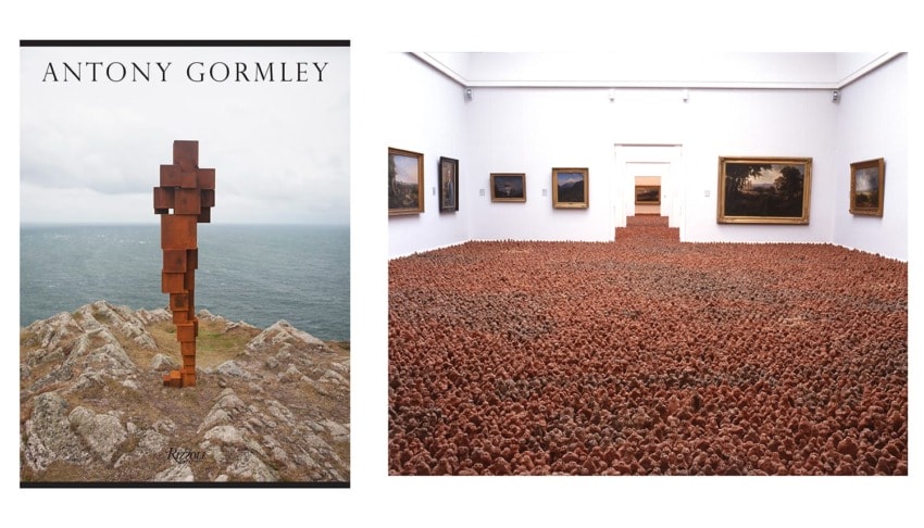 Cover of Antony Gormley book with sculpture on cliff and photo of gallery room filled with small clay figures.