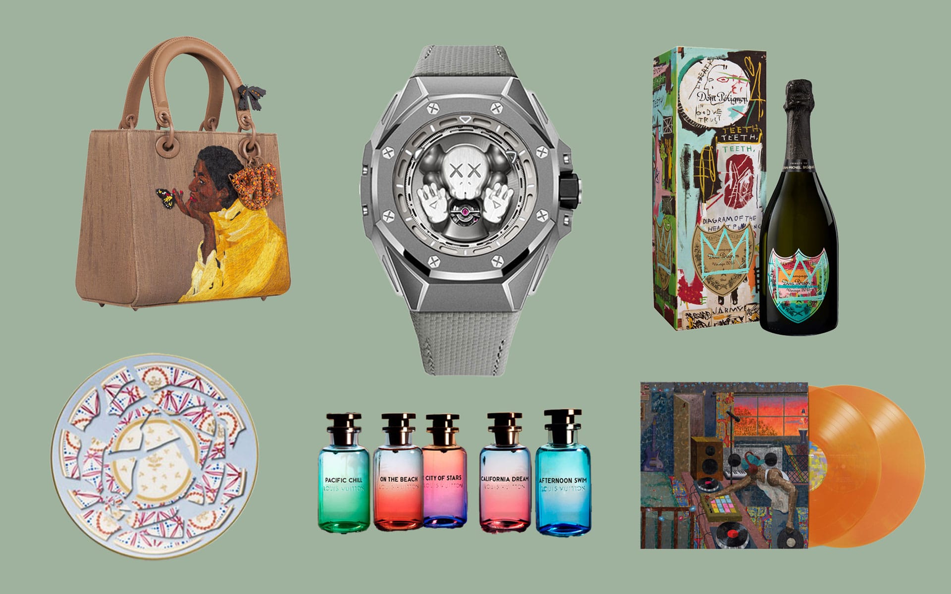 Art gifts by Dior, Audemars Piguet, Dom Perignon, Derek Fordjour, Louis Vuitton, and Tiffany & Co.