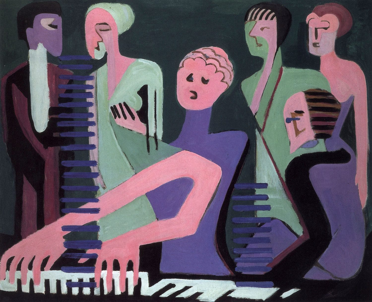 Abstract painting of a group of stylized people around a piano, featuring bold colors and geometric shapes.