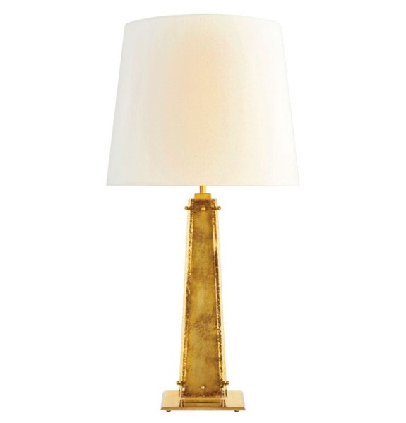 Gold table lamp with a tapered base and a white lampshade against a plain background.