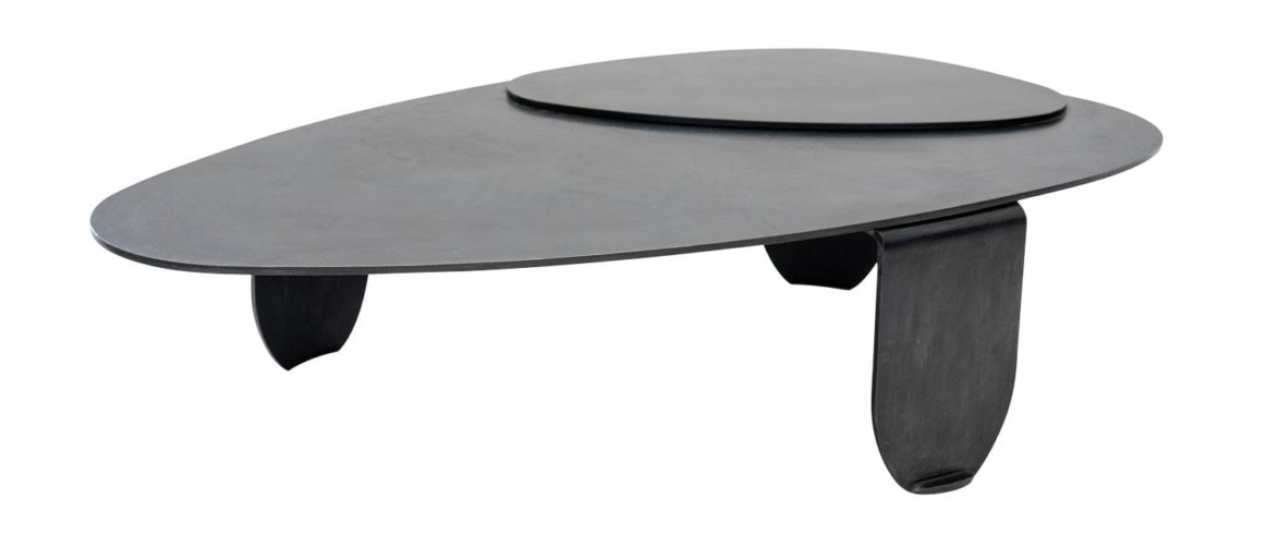 Modern black coffee table with a unique asymmetrical design and two-tier surface, featuring curved legs.
