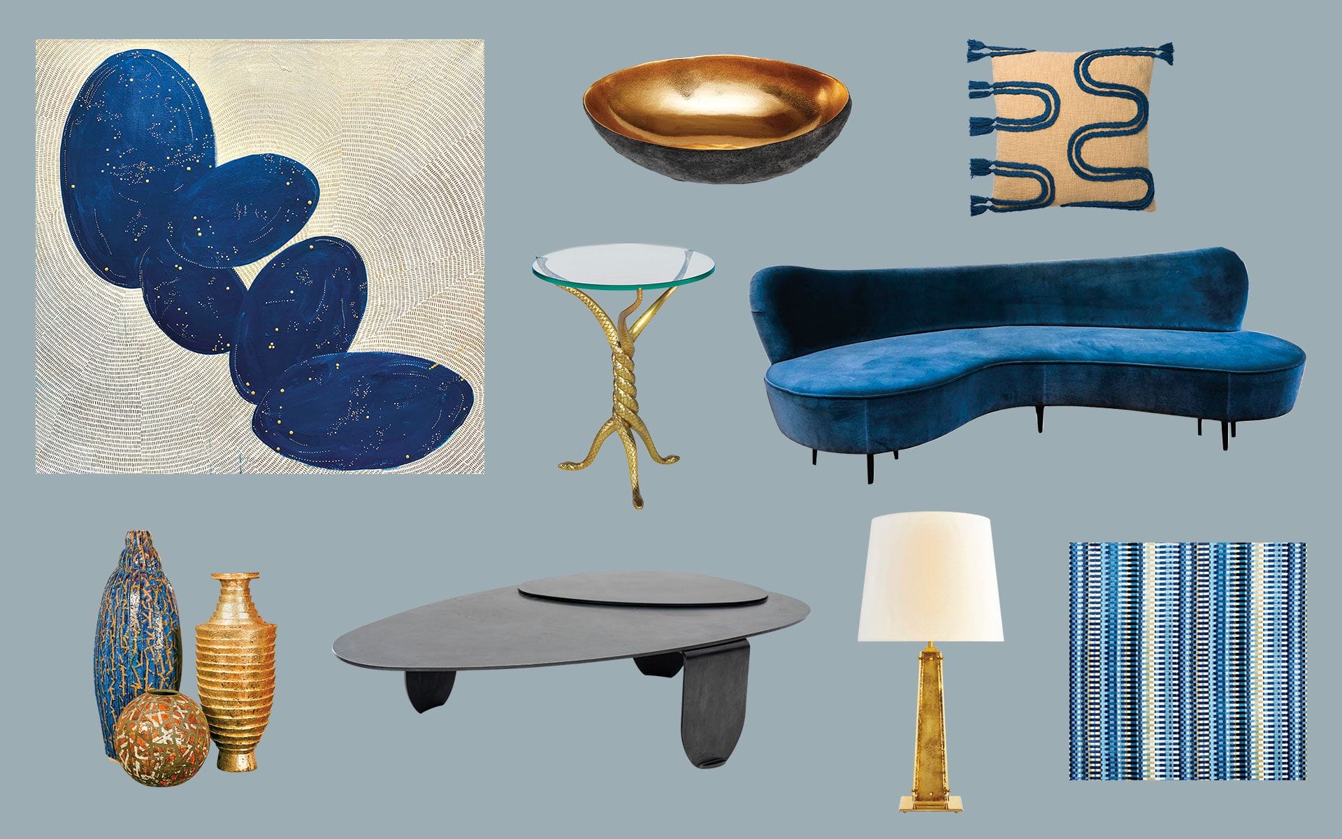 Collage of modern home decor items including art, sofa, table, lamp, pillow, and decorative vases on a blue background.