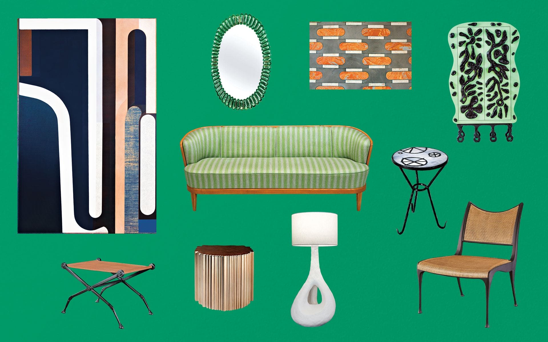 Collage of eclectic furniture and decor items, including chairs, a sofa, a mirror, tables, a lamp, and abstract artwork.