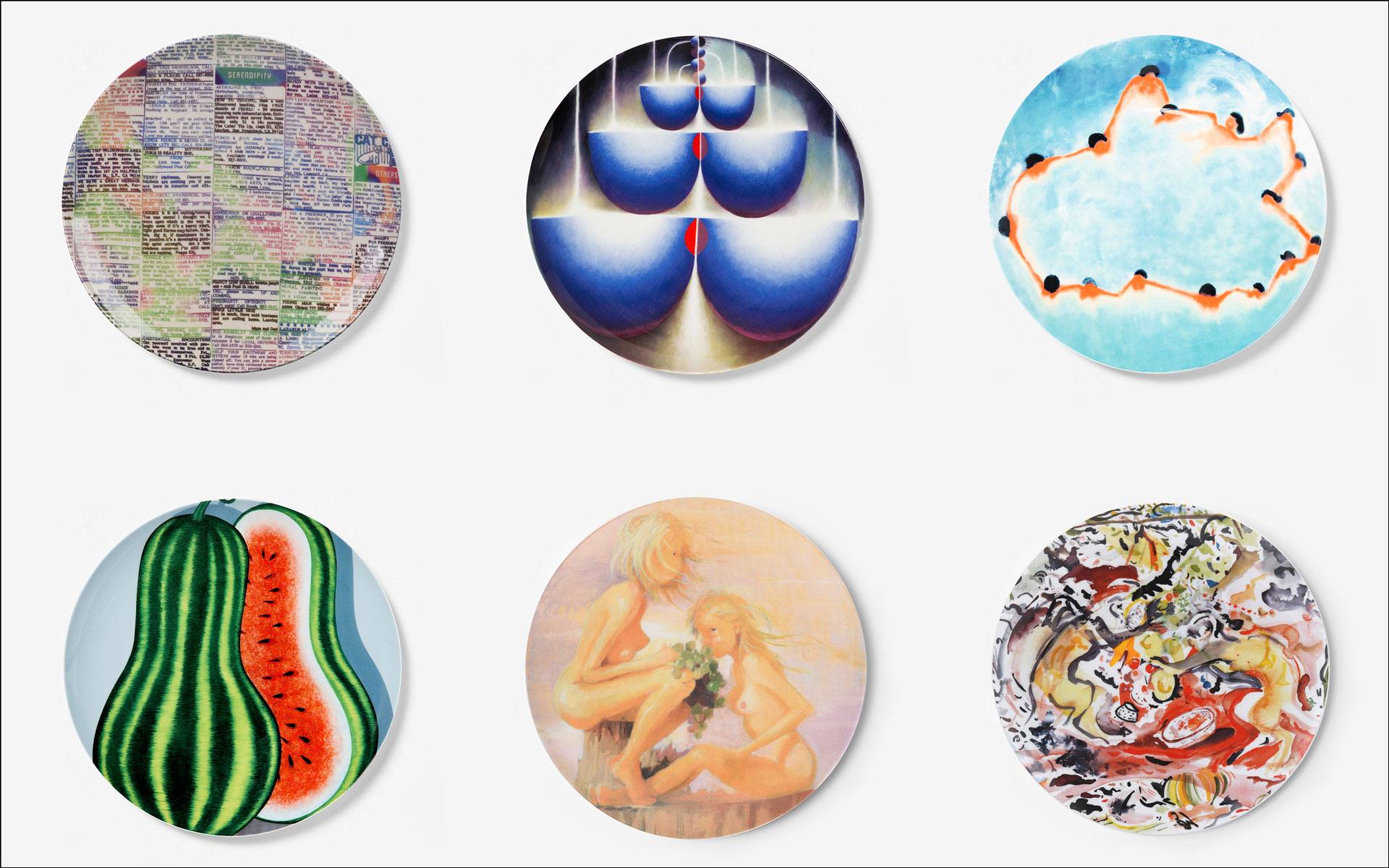 Six round abstract art plates with various colorful designs including maps, patterns, watermelons, figures, and abstract shapes.