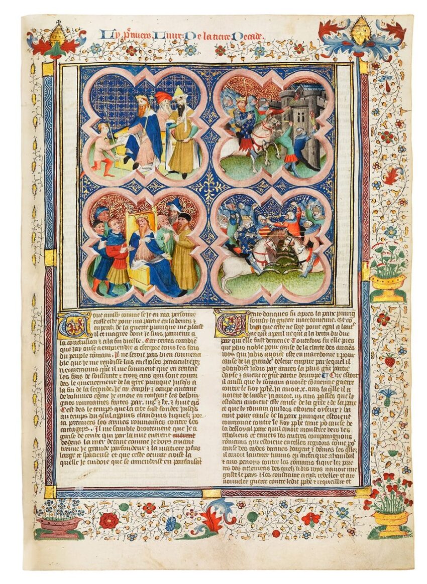Illuminated medieval manuscript page with colorful illustrations and decorative floral borders.