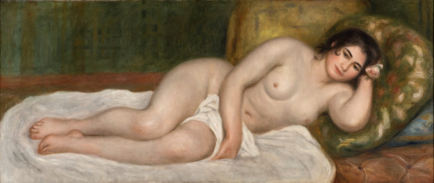 A painting of a reclining nude woman on a white cloth, resting her head on a patterned pillow, with a soft background.