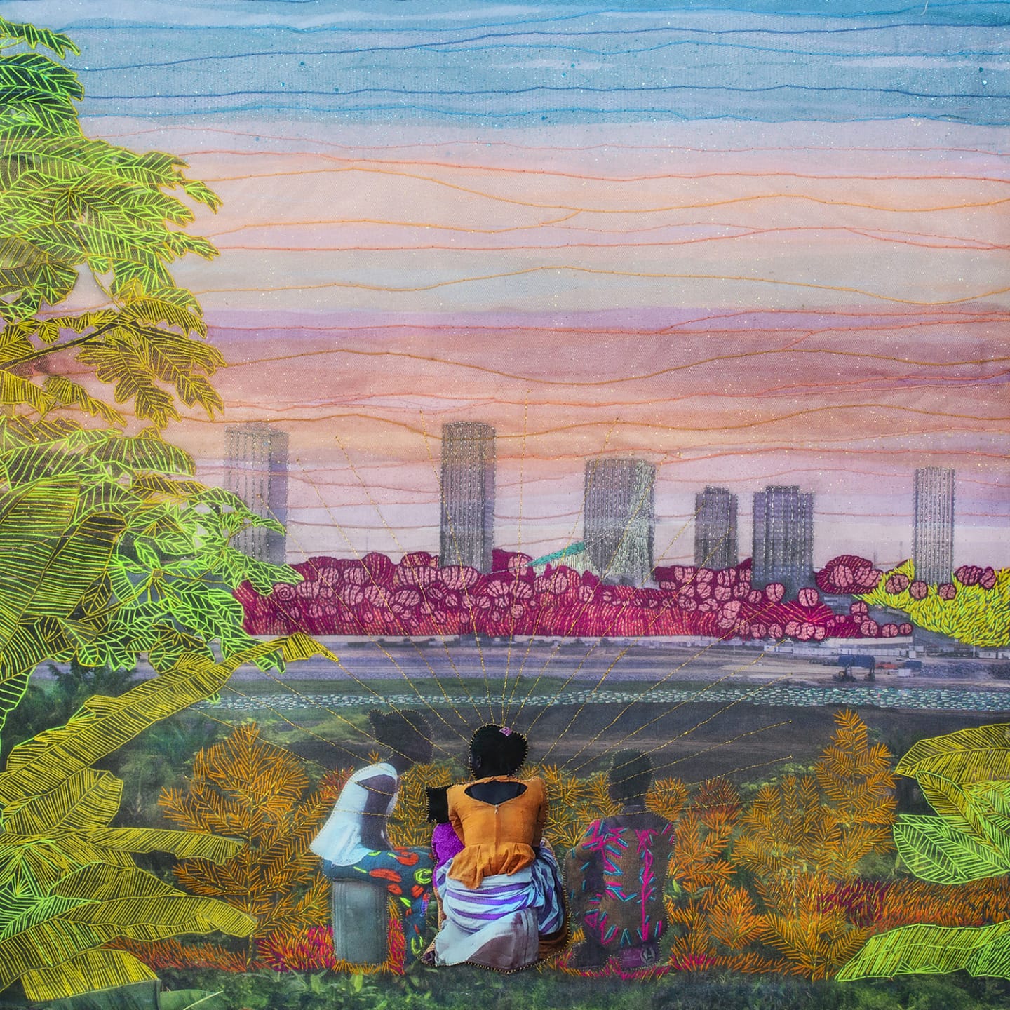 Four people in colorful clothing sit on grass, overlooking a city skyline, surrounded by vibrant foliage and patterned sky.