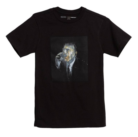 Black T-shirt featuring abstract portrait of a man in a suit smoking a cigarette.
